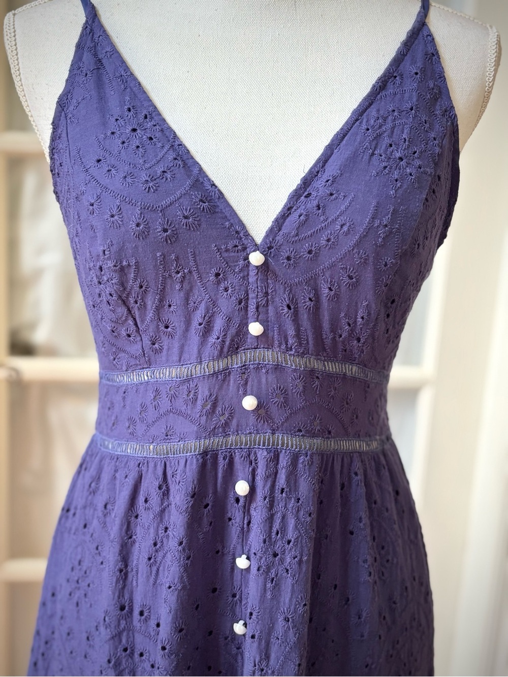 Simplee Cobalt Blue 100% Cotton Eyelet Midi Maxi Dress M Boho Cottagecore - Picture 4 of 14